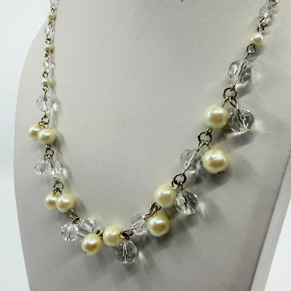 Elegant Faux Pearl & Clear Crystal Bead Statement Necklace Cottagecore Romantic